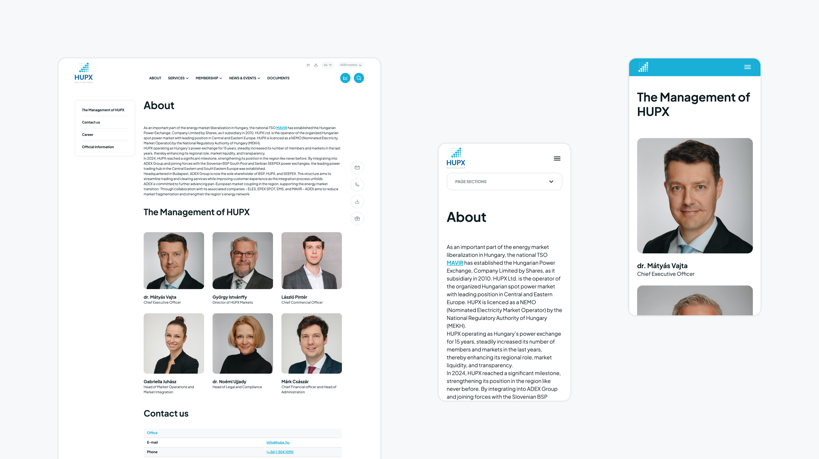 Web layout with profiles, text, and headshots on desktop and mobile views.