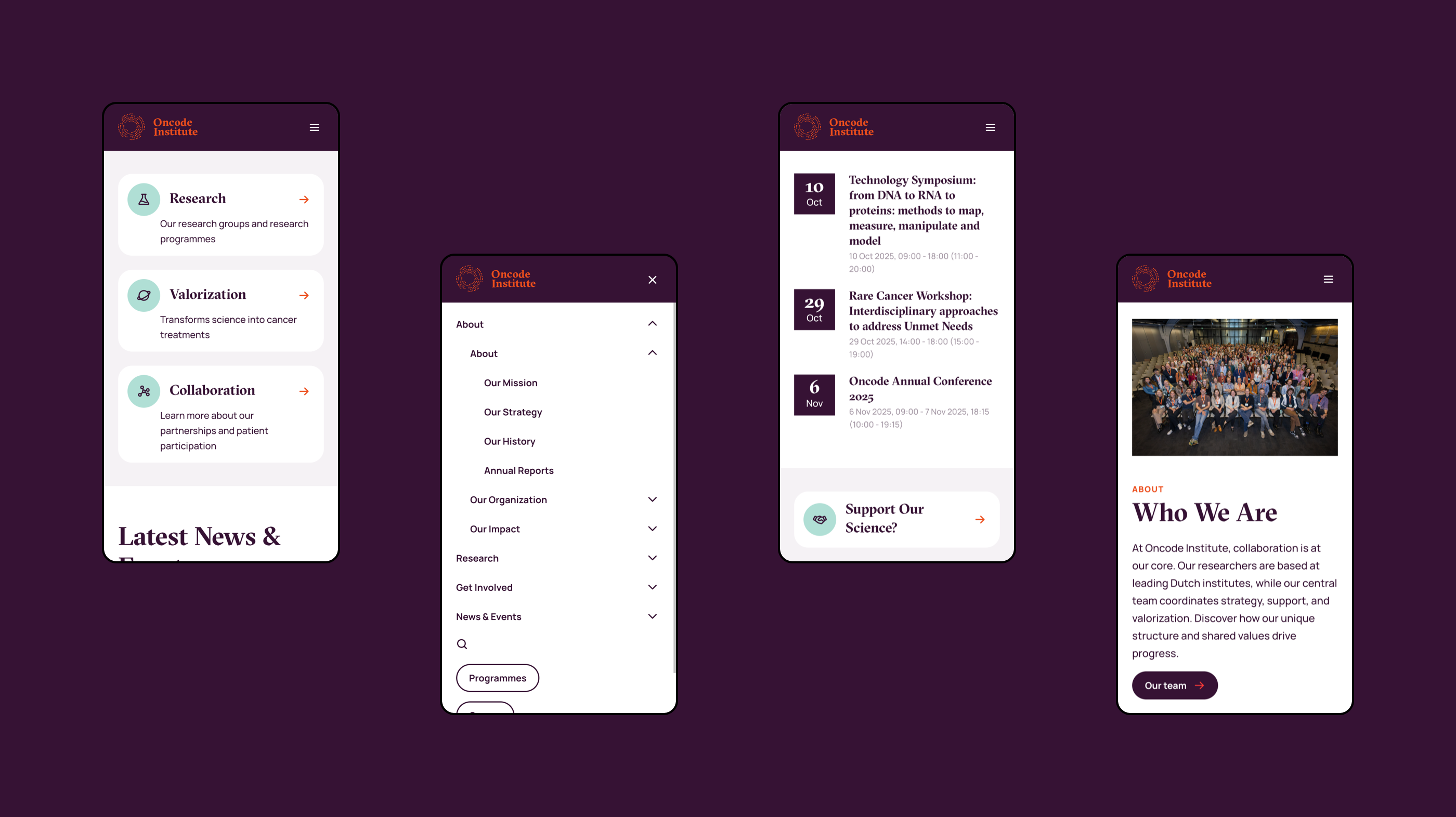 Mobile screenshots of the Oncode Institute website
