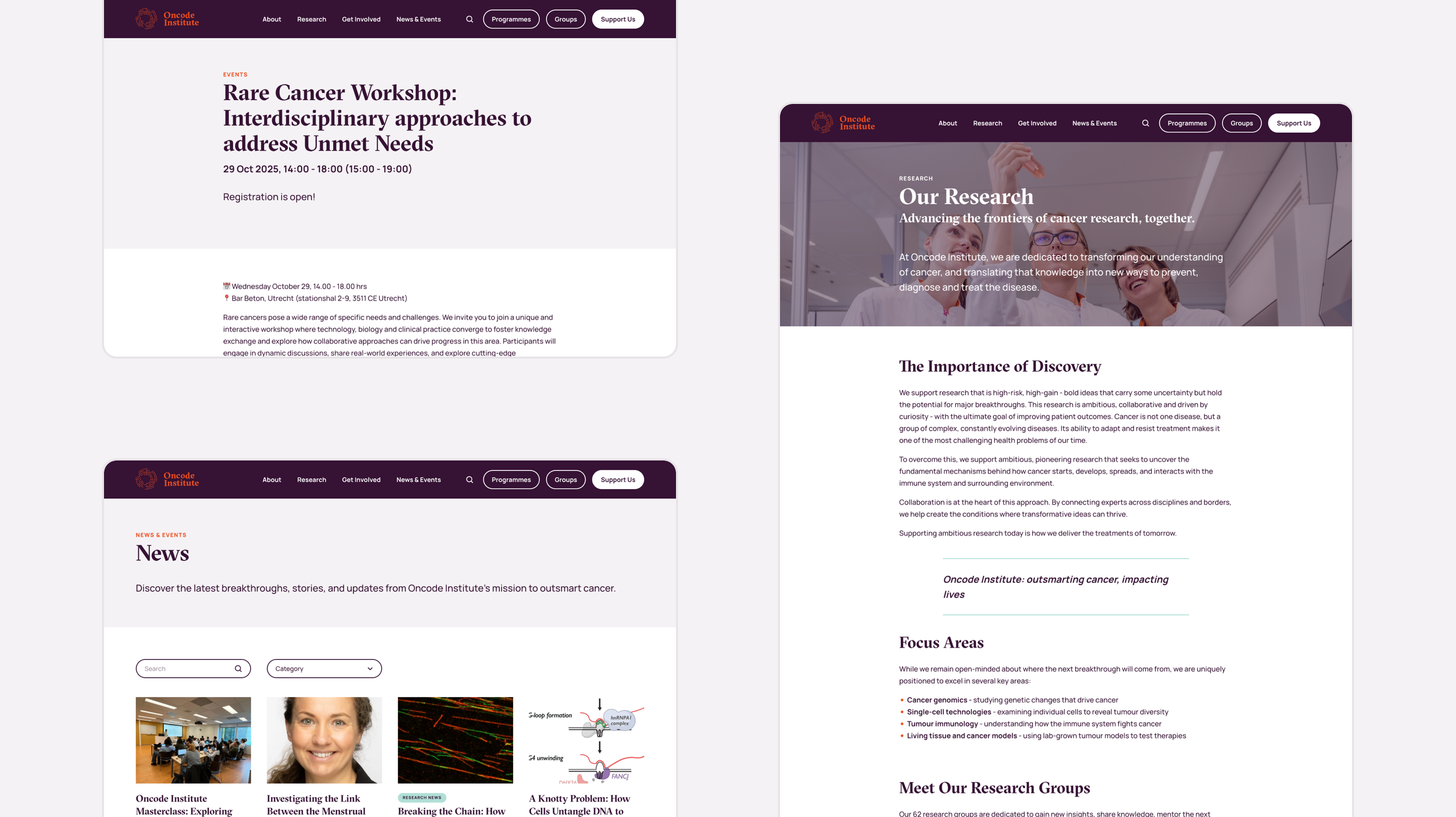 Webpage mockup with text and images, featuring a medical research theme