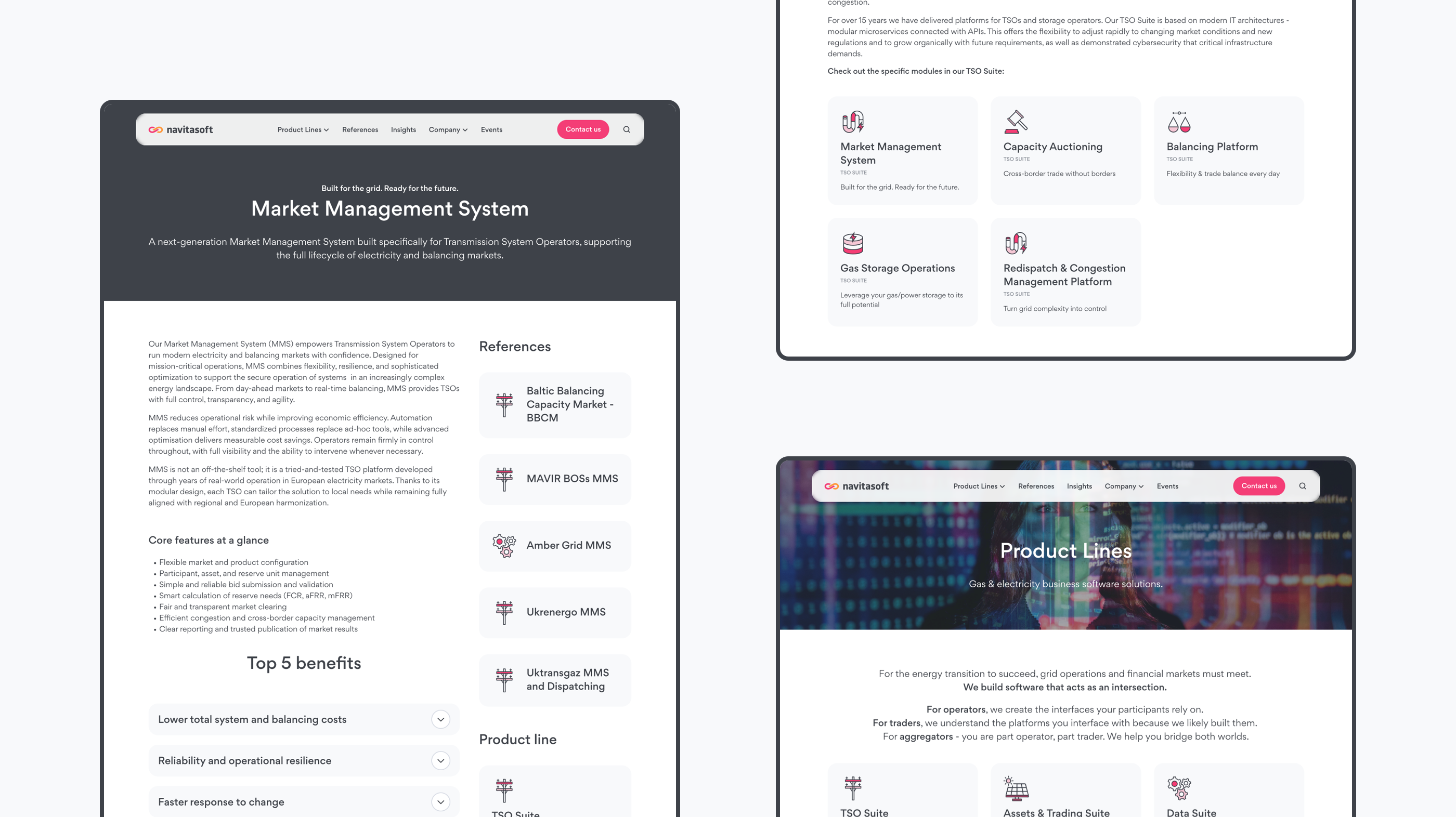 Three website page previews with modern design and navigation elements