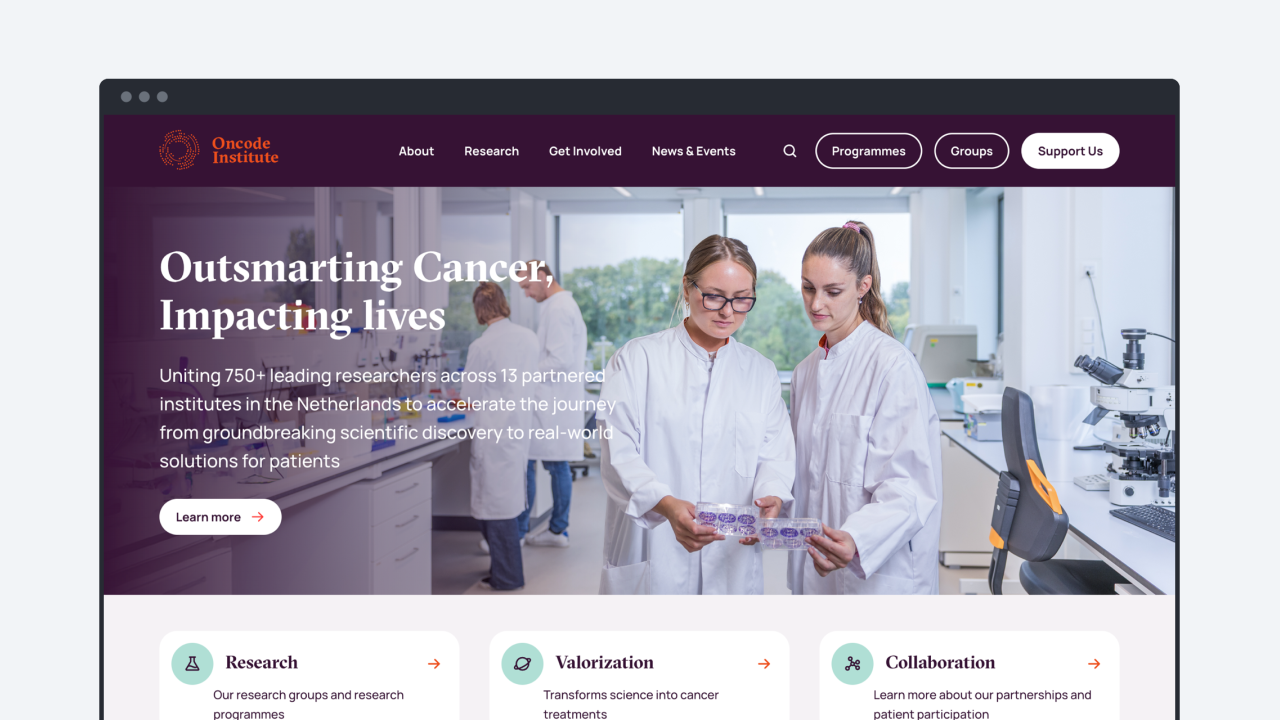 Screenshot of the hero section of Oncode Institute's website